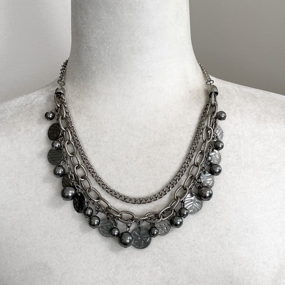 Silver Rocker Rebel Edgy Layered Bead Discs Coins Textured Chain Necklace